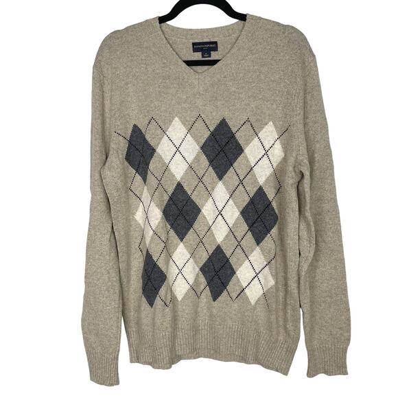 Banana Republic Mens M Taupe Cream Argyle V Neck Cotton Wool Sweater Pullover - Picture 1 of 7